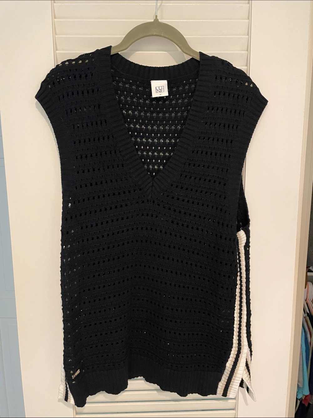 Open-Knit Black V-Neck Sweater Vest with Side Stripe